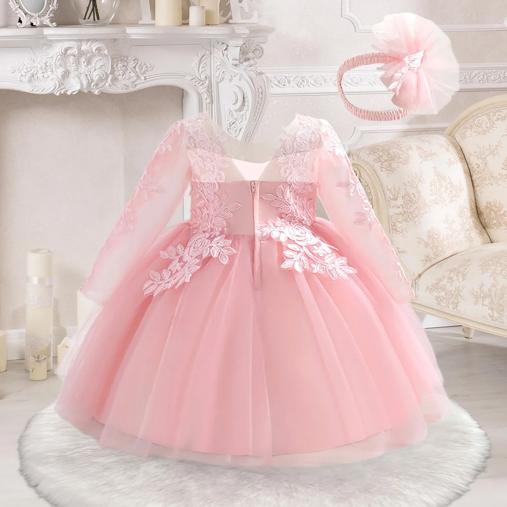 2pcs Girls Long Sleeve Party Dress Girl Birthday Dresses Toddler Pink Lace Floral Princess Gown Evening Clothes Kids New Wear