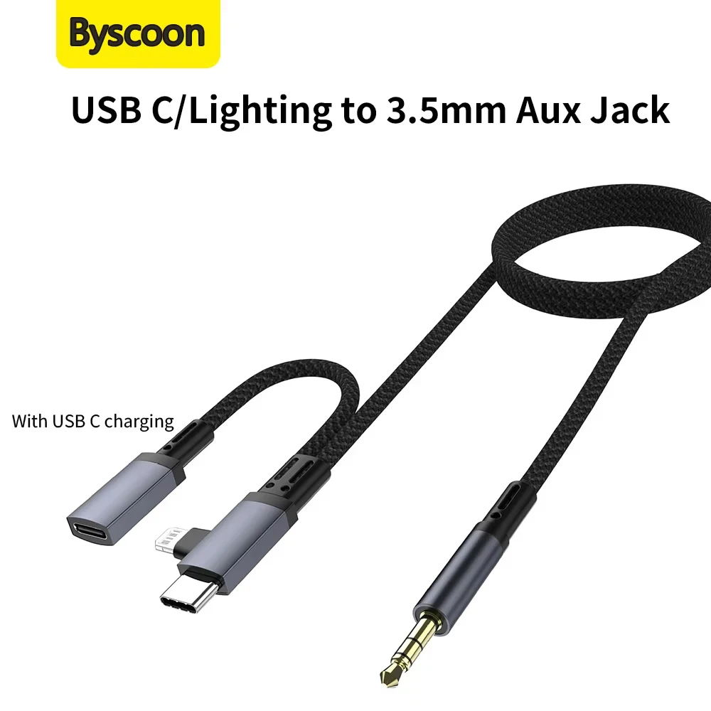 USB C/Lightning to 3.5mm Aux Audio Cable With Charger For iPhone 16 15 13 12 11 Galaxy S24 S23 Pixel 8 Car Stereo Speaker