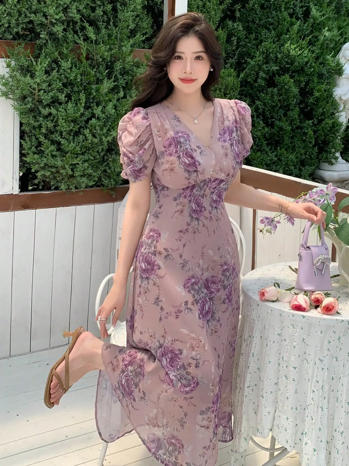 

V-Neck Puff Sleeve Floral Print Midi Dress for Women Summer Vacation Outfit
