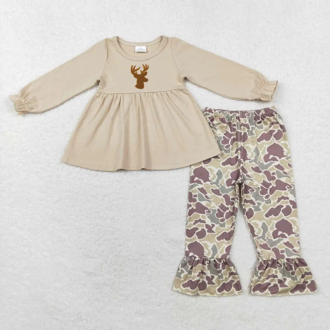 

RTS Baby Girls Toddler Wholesale Khaki Deer Embroidery Ruffle Long Sleeve Top Kids Pants Camo Boutique Pants Clothes Sets