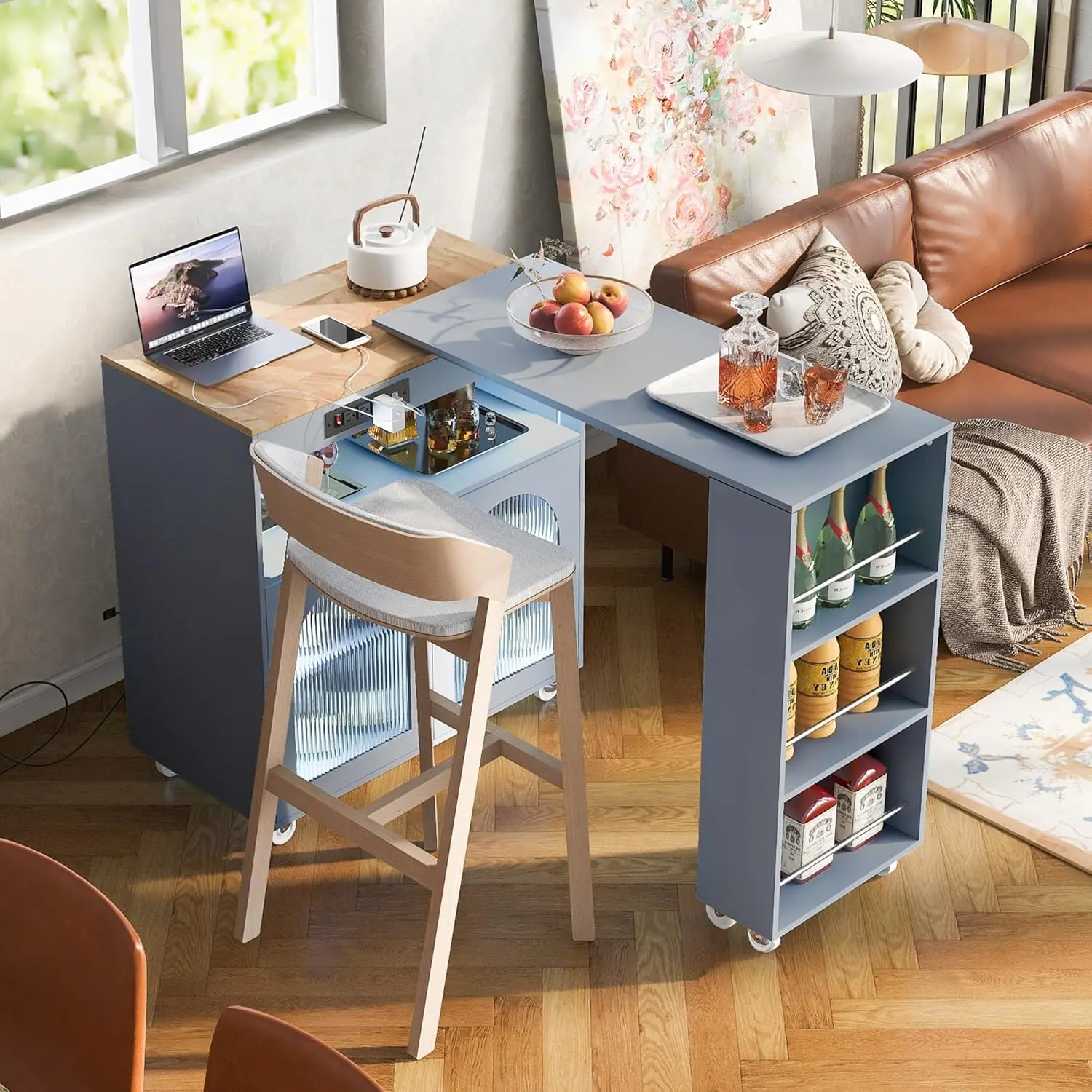 Kitchen Island On Wheels With Extended Table, Rolling Kitchen Cart With Power Outlets/Led Lights And 2 Fluted Glass Doors,