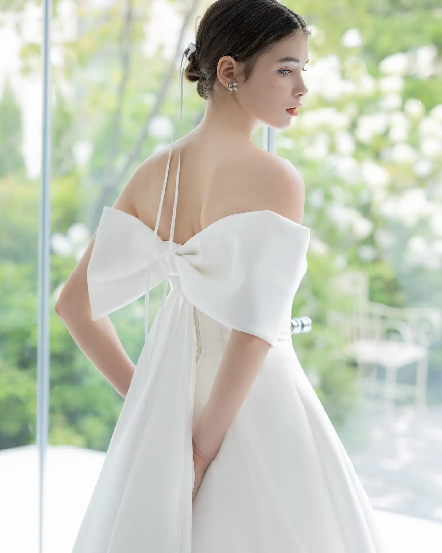 OEING Off Shoulder Korea Garden Evening Dresses Bow Sleeves Formal 프롬드레스  Floor Length Elegant Prom Growns Party Women Bride