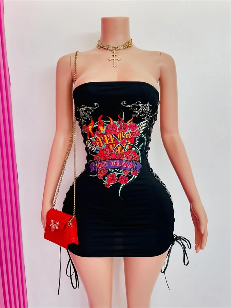 STYLISH LADY Lace Up Harajuku Printed Dress 2025 Summer Women Strapless Bodycon Sexy Club Party Hip Hop Mini Vestidos De Festa