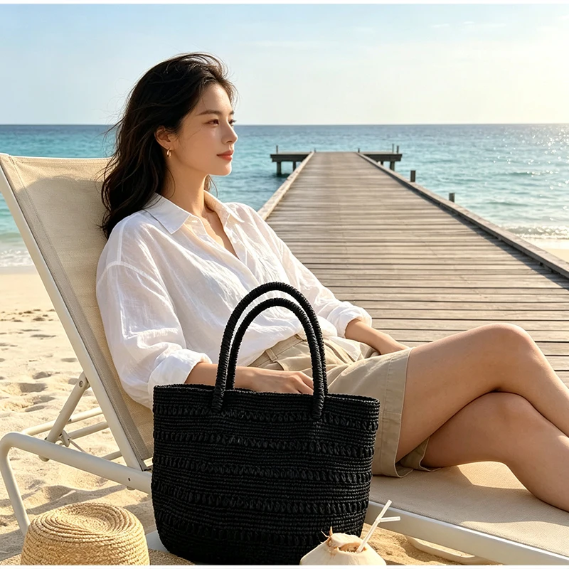 Einfarbige gewebte Handtasche, leichte Damen-Umhängetasche mit großem Fassungsvermögen, japanische Sommer-Strand-Urlaubstasche, lässige Pendler-Tragetasche – Detail 2