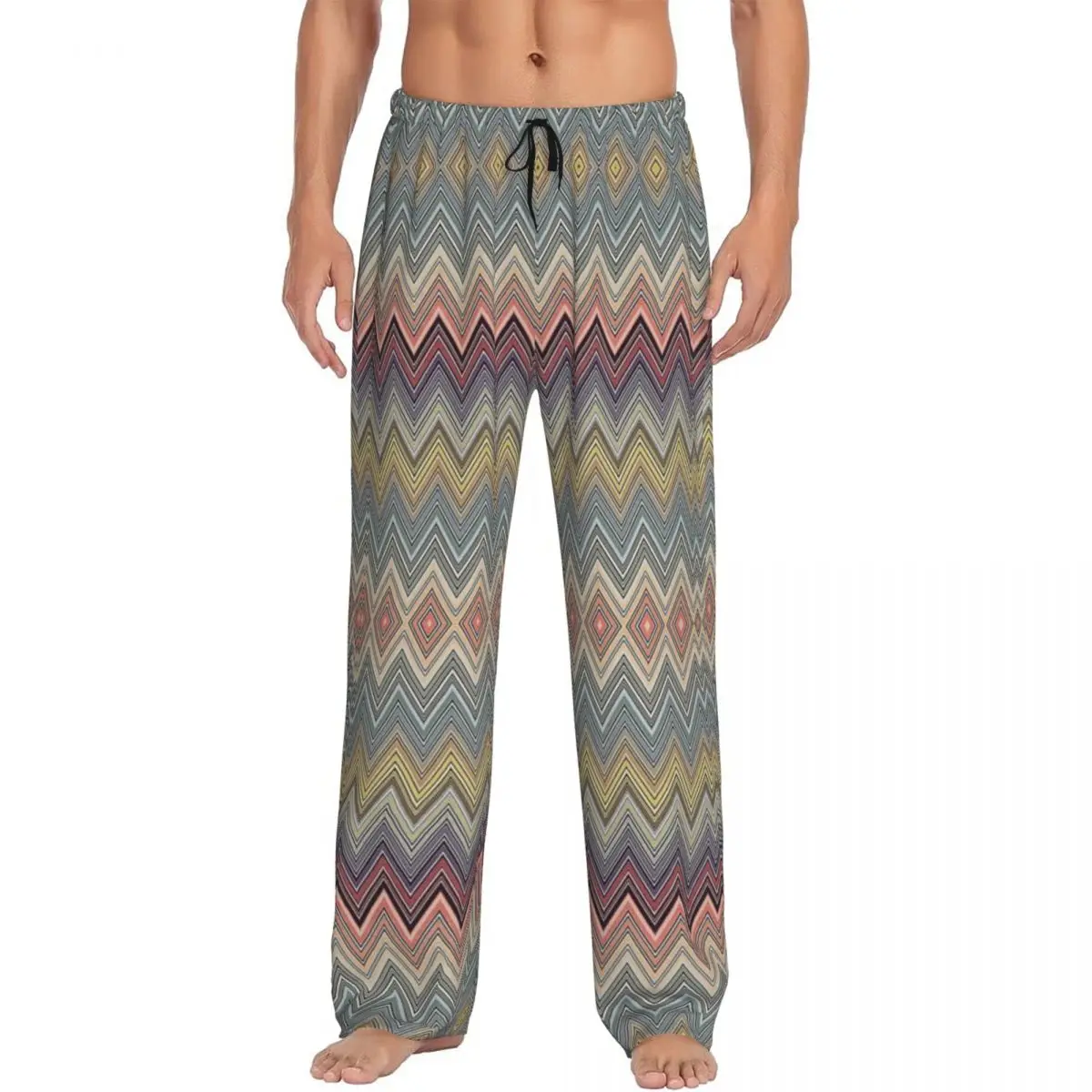 Calça de pijama masculina em zigue-zague com estampa pastel personalizada, calça camuflada boêmia para dormir com bolsos