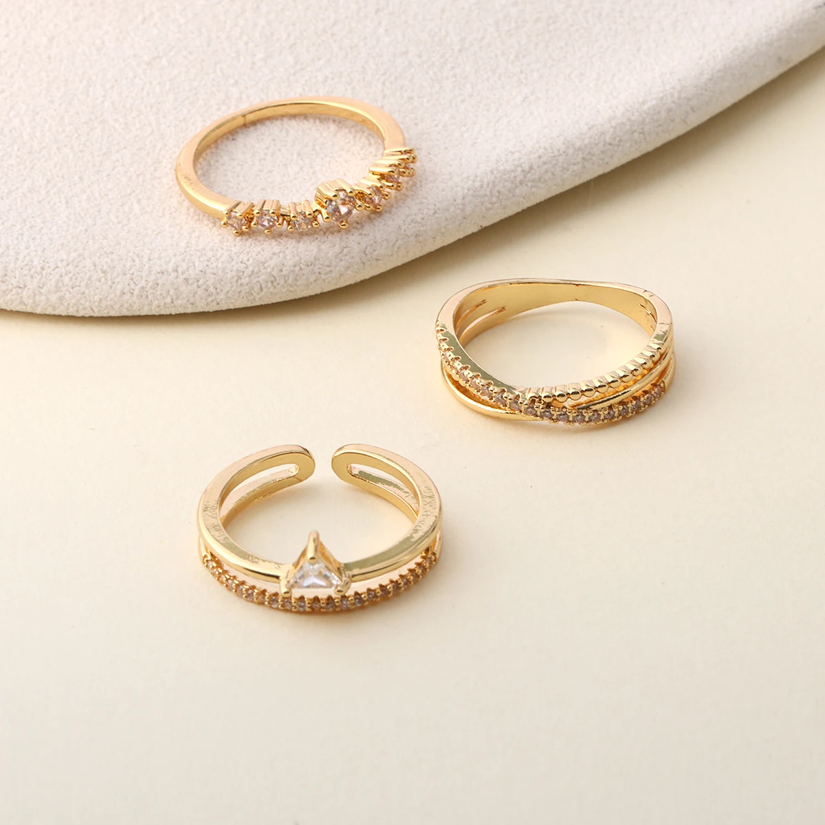 Elegant Women Stackable Ring Set,3Pcs Open Rings Triangle Zircon Double Row Crystal Gold Silver Jewelry