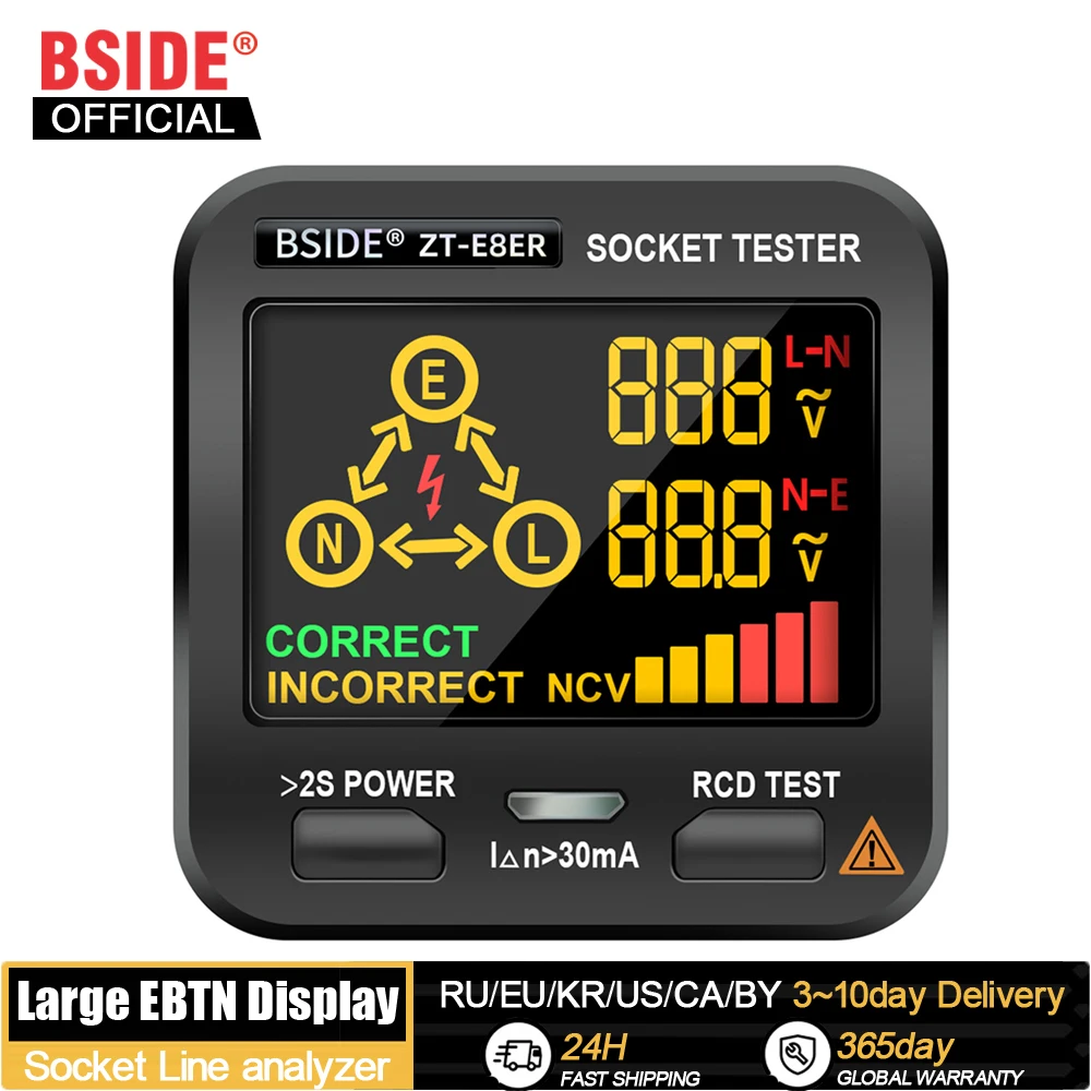 

BSIDE Socket Tester Smart Voltage Detector Outlet Checker RCD GFCI Test NCV Live Neuter wire Test EU US UK Plug Meter