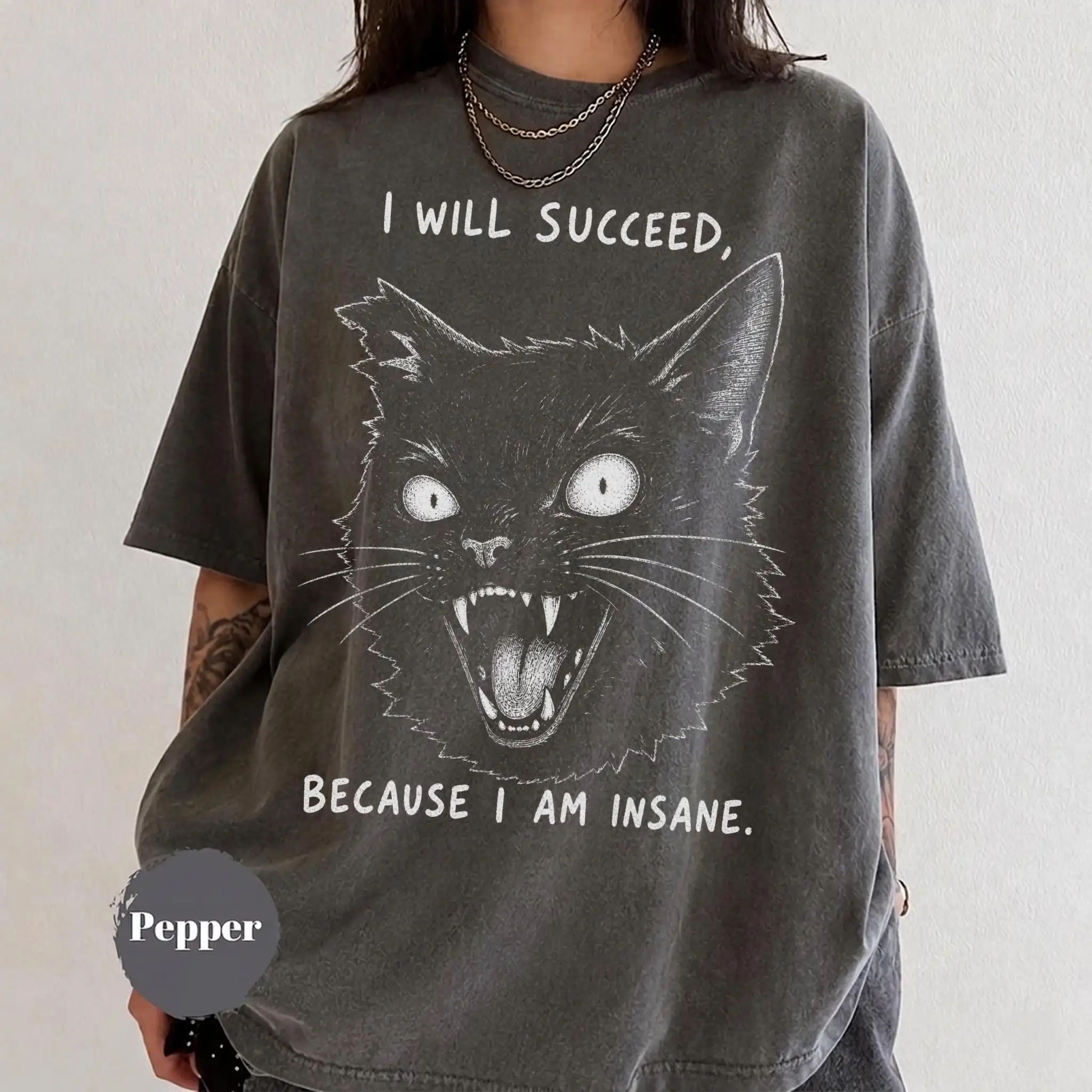 Funny Black Cat Shirt, I Will Succeed Because I Am Insane Tee, Vintage Retro Cat T-Shirt, Dark Humor Cat Gift