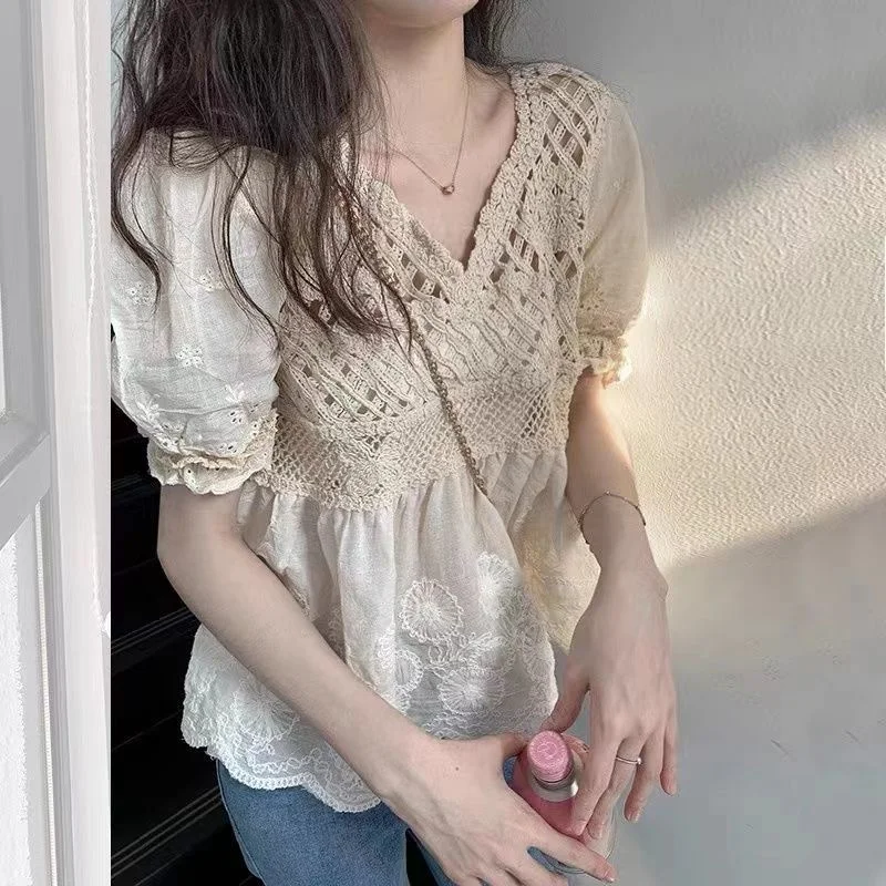 Lace for Girls 2023 Summer Loose Thin Short Sleeve Blouse Blusas Clothes for Women Tops Shirts Blouses