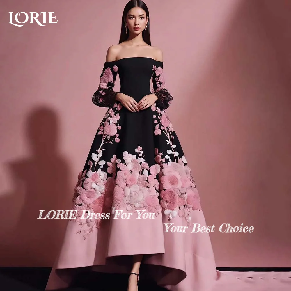 LORIE A-line Evening Dresses Black Pink Flowers Prom Dresses Off Shoulder Long Sleeve Clebrity Party Gowns 2024 Club Dresses