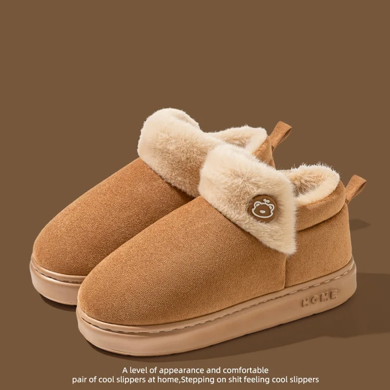 

New unisex cozy shearling lined ankle slippers women's warm faux fur indoor shoes winter stylish bootie slippers plush snow shoe