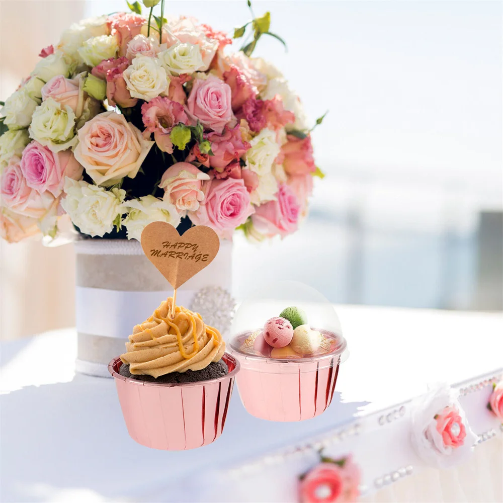 50Pcs Aluminum Foil Baking Cups with Lids Cupcake Liners Reusable Muffin Case Dessert Containers for Wedding Birthday Party