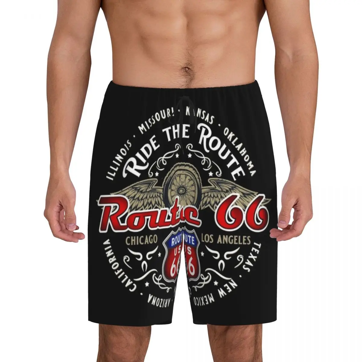 

Custom The Route 66 Biker Motorcycle Cruise America's Highway Pajama Bottoms Sleep Shorts Stretch Sleepwear Pjs with Pockets