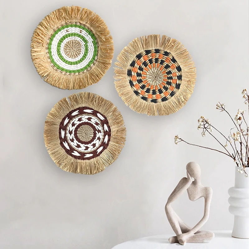 Moroccan Wall Hanging Plate Boho Rattan Grass Hand Woven Wall Decoration Bedroom For Apartment Living Room Background Home Decor