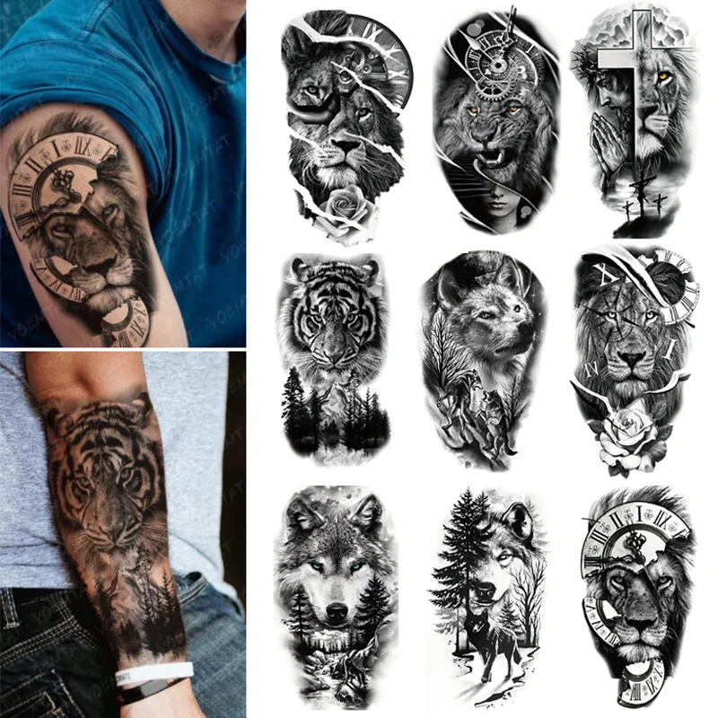 Full Arm Temporary Tattoo Sticker Forest Lion Tiger Tatto Stickers Women Men Wolf  Body Art Arm Neck Fake Tatto Waterproof