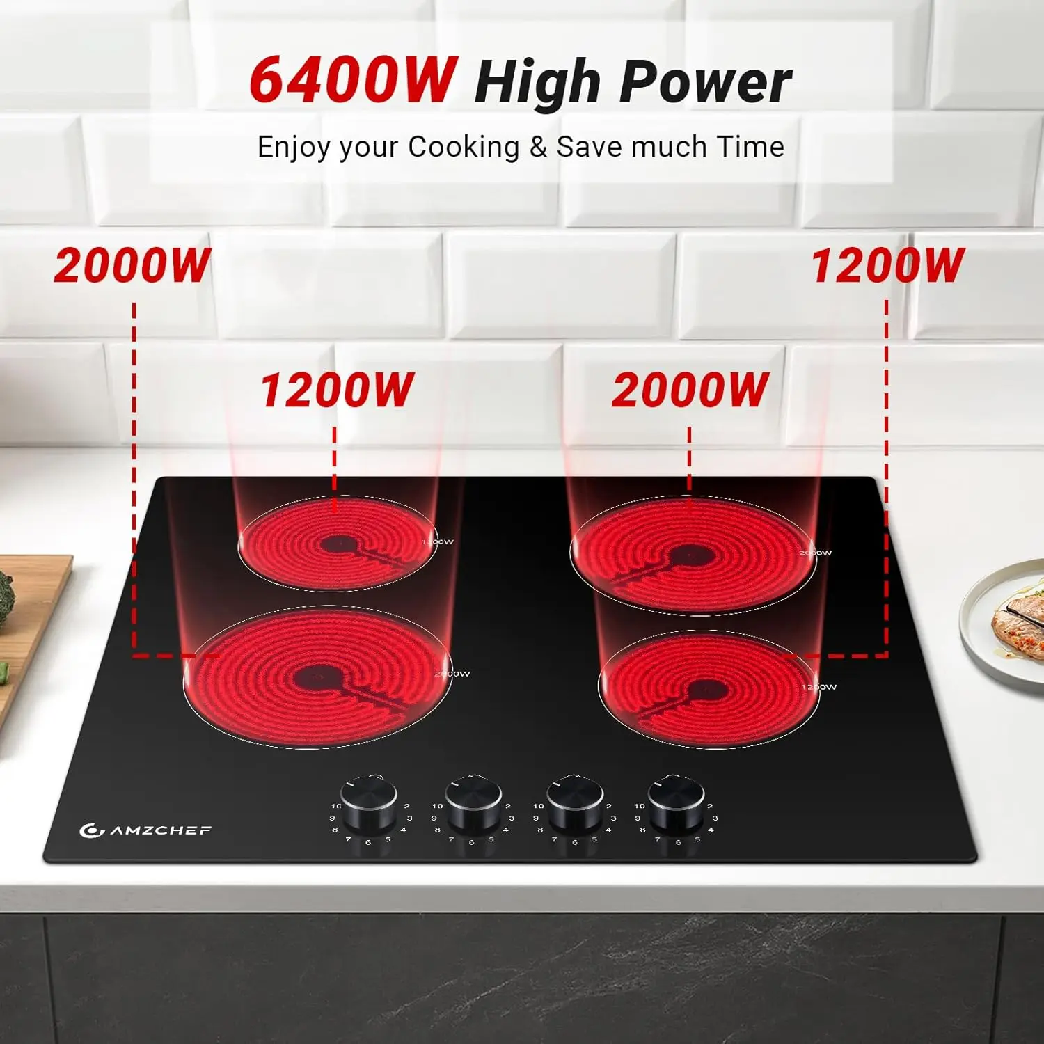 Amzchef-内蔵電気ストーブ、セラミックレベル、ノブコントロール付き電気ストーブ、残留熱、240 w、6400w、24"