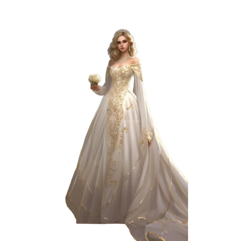 Vestido de fiesta medieval histórico, apliques dorados con hombros descubiertos, vestido de noche de hadas, once princesas, ropa para ocasiones especiales personalizada