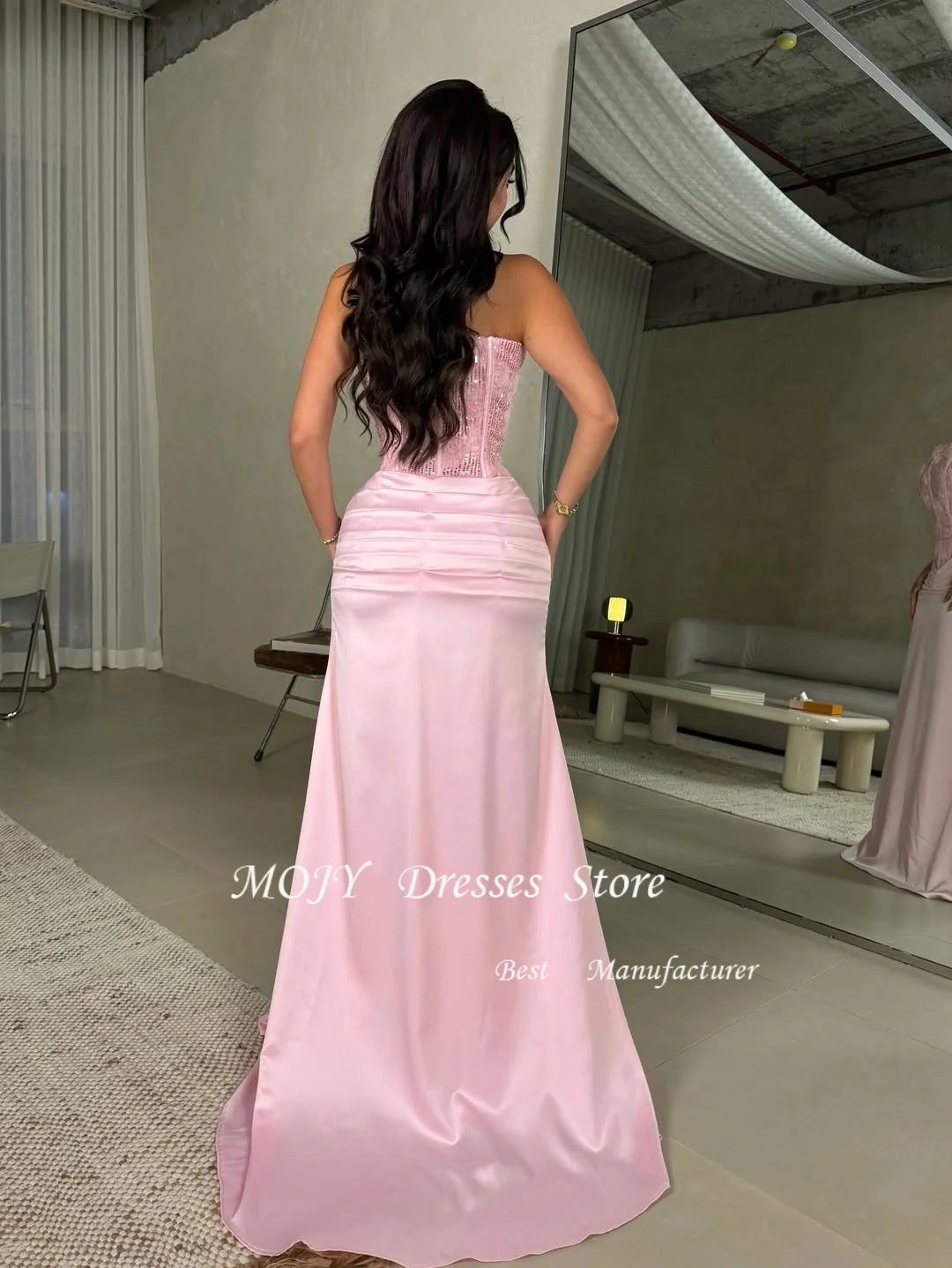 Mojy personalizado moda plisado lentejuelas trompeta vestidos largos sin tirantes ocasión a medida elegante clásico