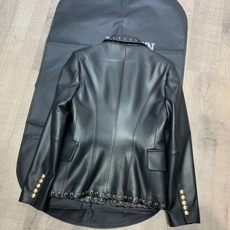 Women Coat Spring And Autumn 2023 New Fashion Genuine Leather jacket Turn-Down Collar Double Breasted Pleated Edges