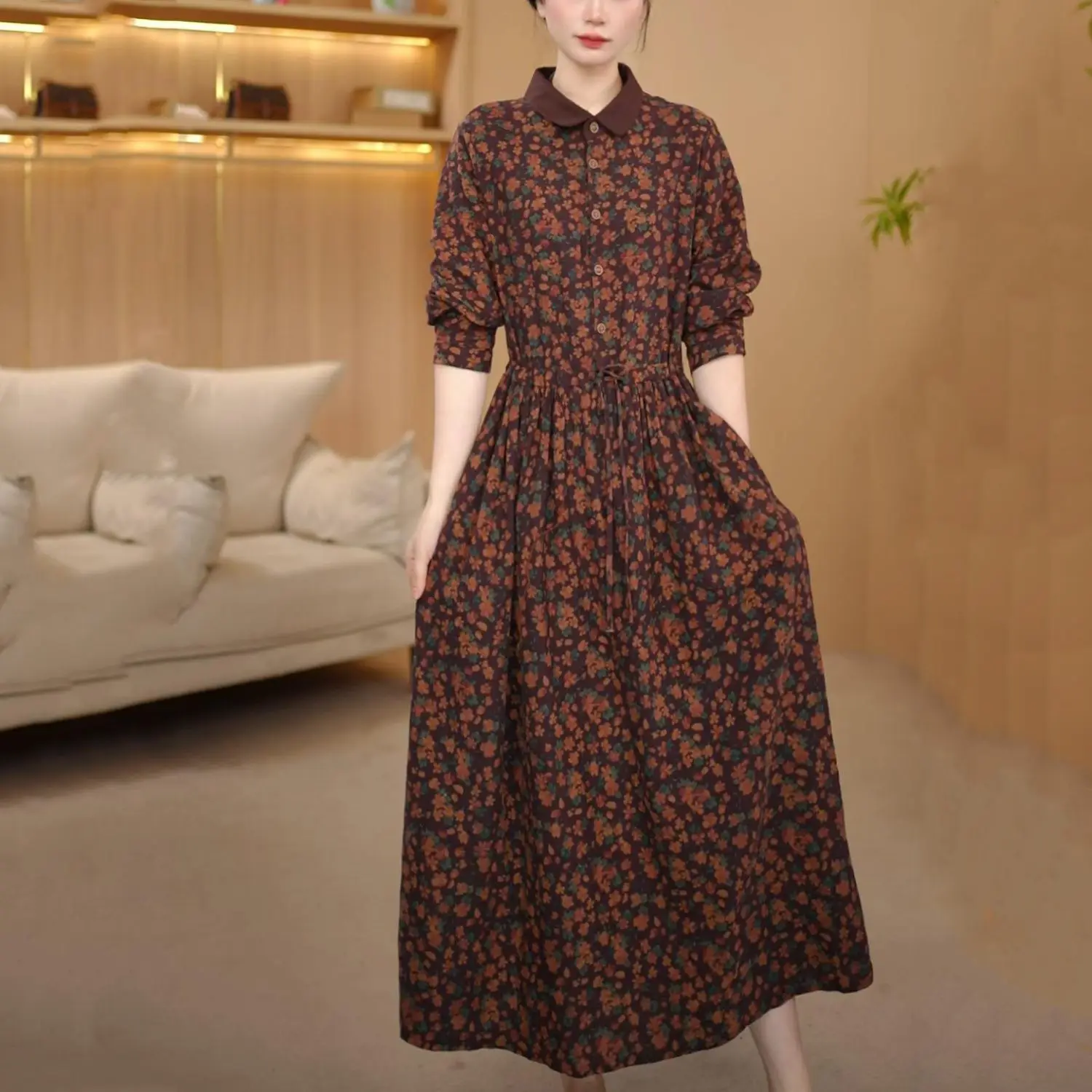 Sukienka damska midi z kołnierzykiem Piotrusia Pana, z lnu w kwiaty, w stylu vintage, z długim rękawem i paskiem, elegancka, plus size.