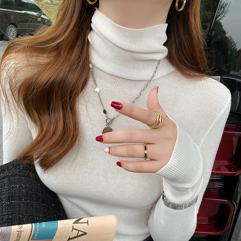 

Knitted Sweater Women Pullovers New Long Sleeve Turtleneck White Knit Sweater Pullover Women Tops Sweaters Sueter Feminino Q1324