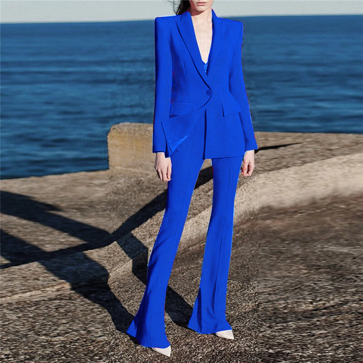 

S-3XL High Quality Fashion Solid Color One Button Long Sleeve Slim Fit Pants Temperament Women's Set