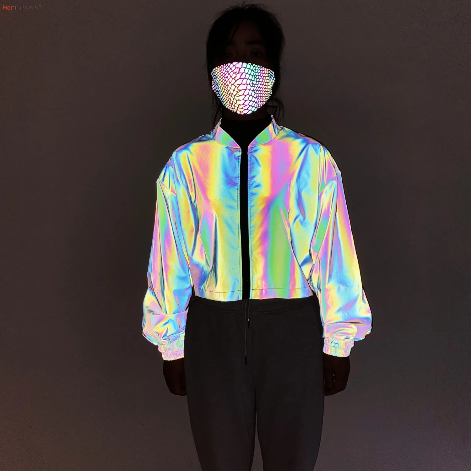 

2023 New Reflective Safety Jacket Women Rainbow Colourful Coat Stand Collar Loose Ins Crop Top Spring Autumn Night Outwear