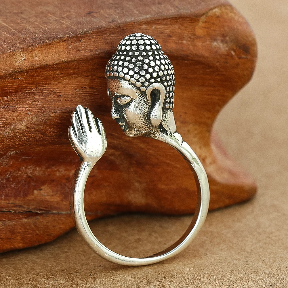 Sakyamuni Buddha Heads Clasp Hands Open Ring Buddhist Lucky Amulet Adjustable Finger Ring Cupronickel Jewelry Gift for Women Men