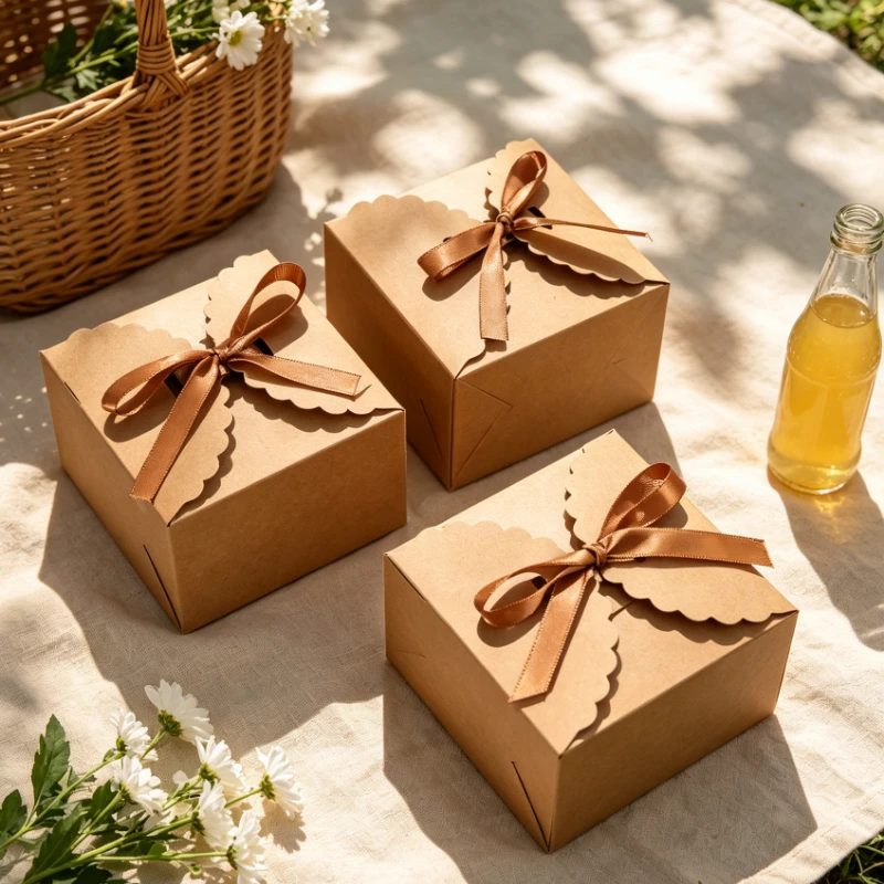 1/6/12PCS Kraft Paper Square Jewelry Gift Box With Brown Ribbon Bow, Ring Earring Necklace Storage Box