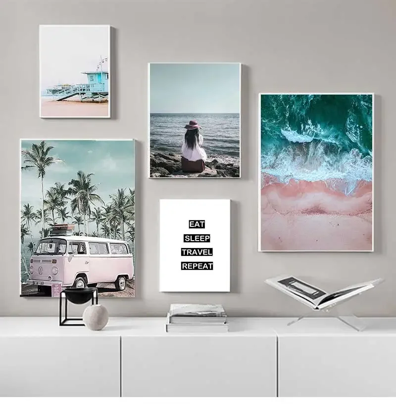 2026 Decoration Picture Scandinavian Home Decor Ocean Landscape Canvas Nordic Style Beach Pink Bus Wall Art Print