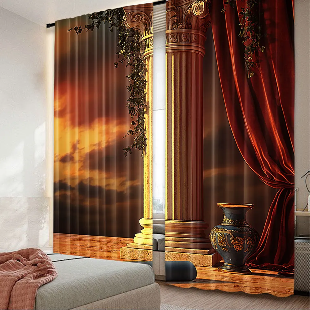 

2Pcs Gothic Curtains Greek Style Scene Columns With Vines And Red Curtain Sunset Suitable For Bedroom Bathroom Living Room