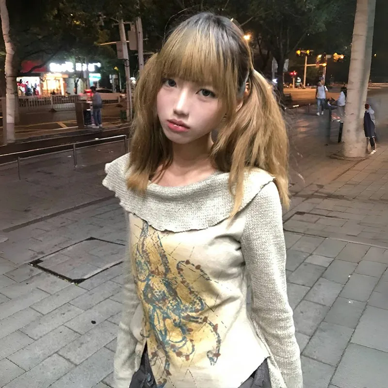 Karrram Japanese Y2k Irregular Knitted Tops Vintage 2000s Style Graffiti Print Pullover 90s Harajuku Aesthetics Apricot Knitwear