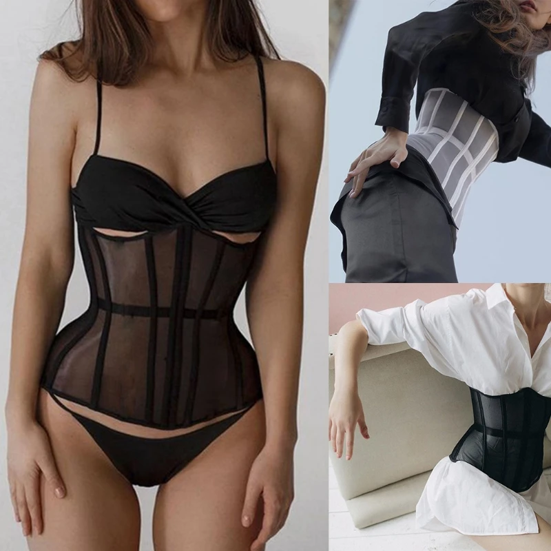 Women Sexy See-Through Mesh Underbust Corset Top Crisscross Lace-Up Bandage Bustier Slimming Waist Belt Cincher Body Shaper