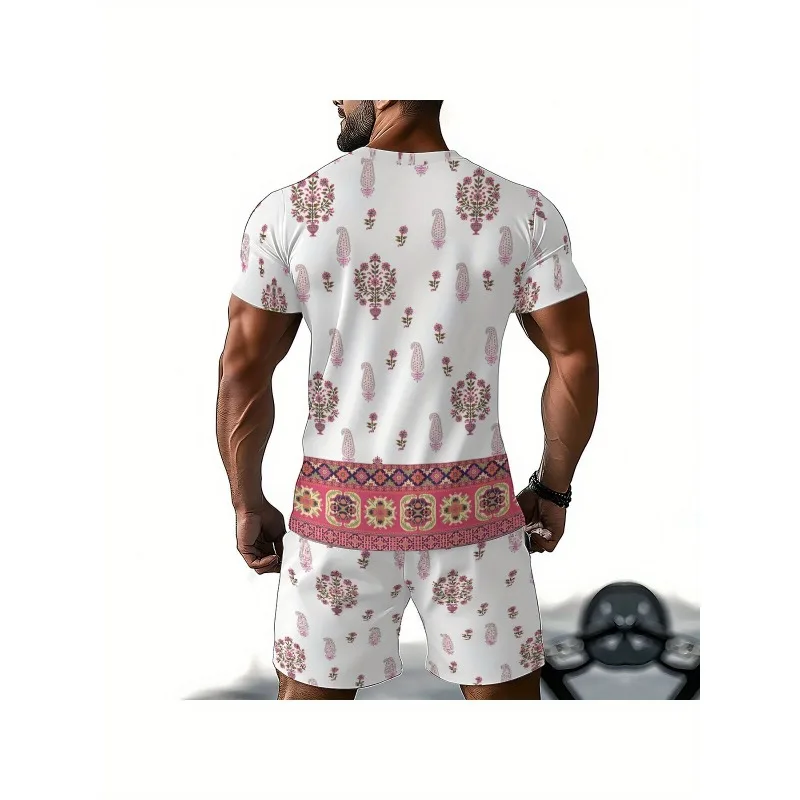 2025 Fashion New Trend Summer 3D Digital Printing Creative Casual Round Neck Short Sleeved Shorts Set Retro Men's T-shirt
