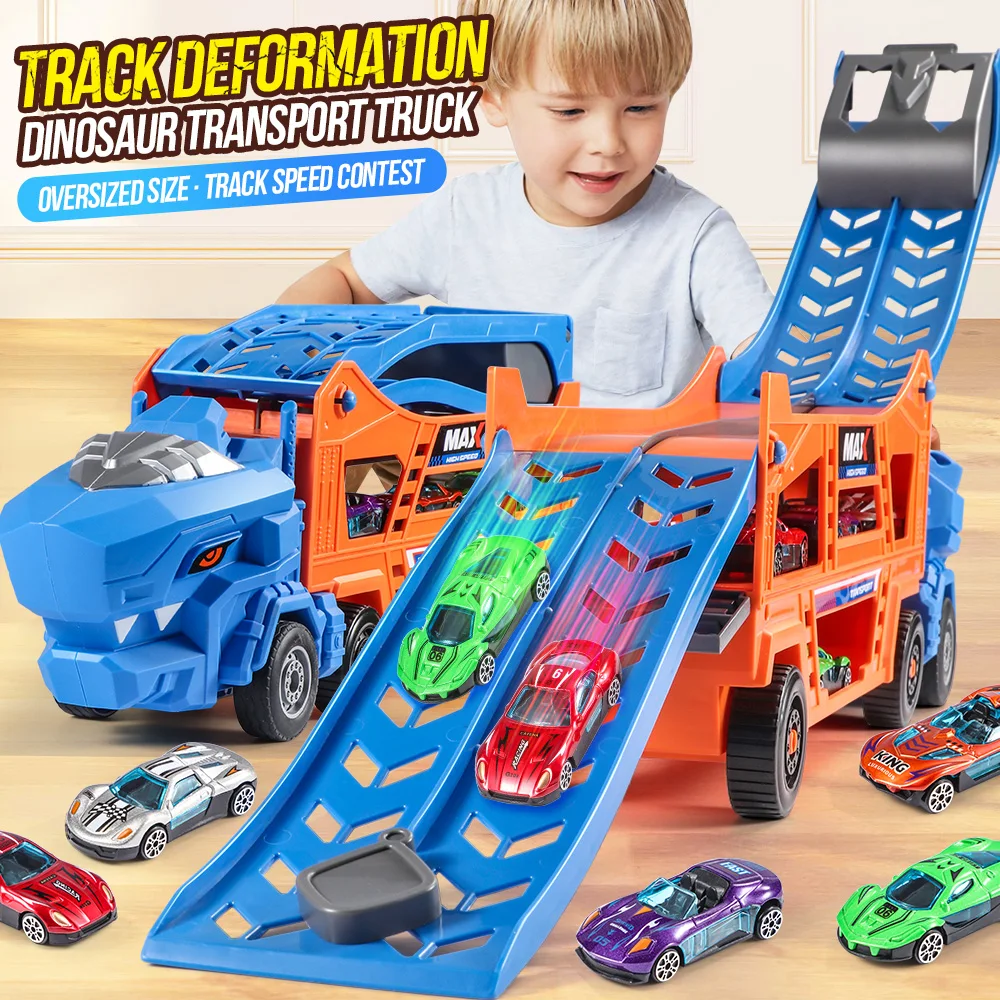 Dinosaur rail transport truck toy, no battery, equipped with 6 metal racing cars, Christmas, children's birthday gifts