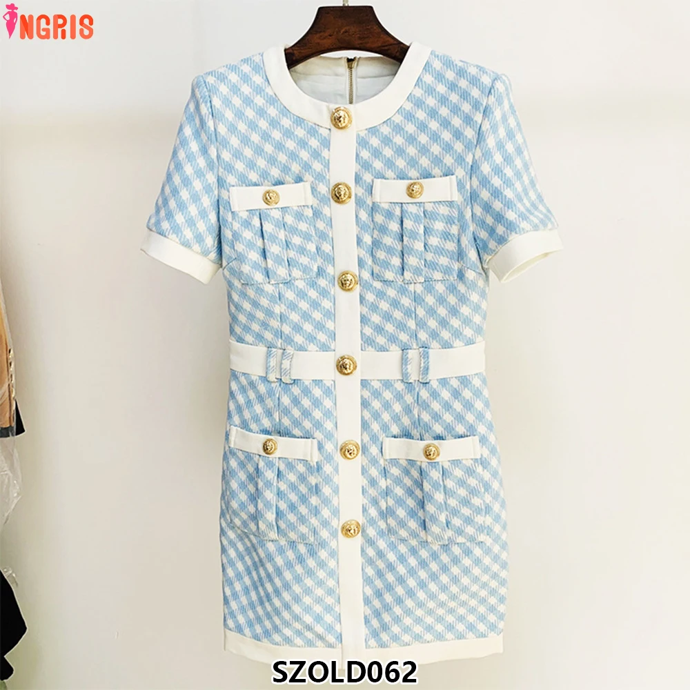 

Spot latest fashion 2025 autumn and winter designer women's short-sleeved lion button color block plaid dress-SZOLD062