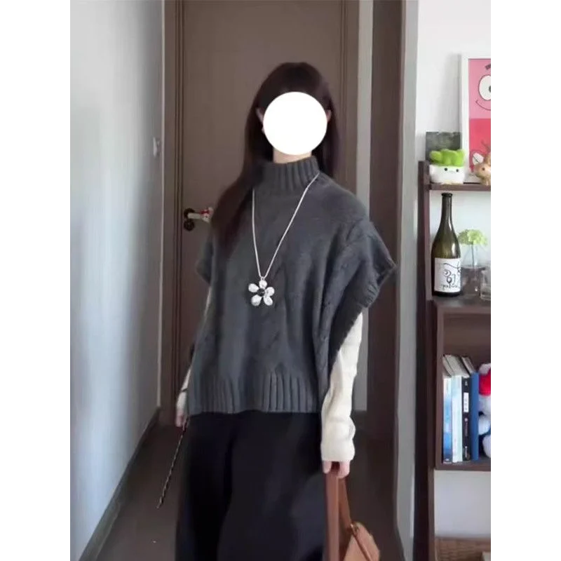 

Women's Knitted Vest Autumn Loose Slim Fit High Neck Sweater Coat Design Sense Gray Shawl New Korean Style Top