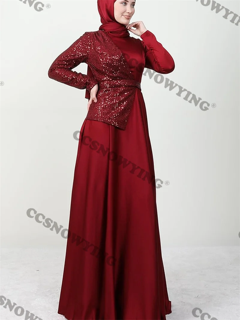 

Burgundy Sequin Beaded Hijab Muslim Evening Dresses Long Sleeve Islamic Formal Party Gown Women Arabic Dubai Robes De Soirée