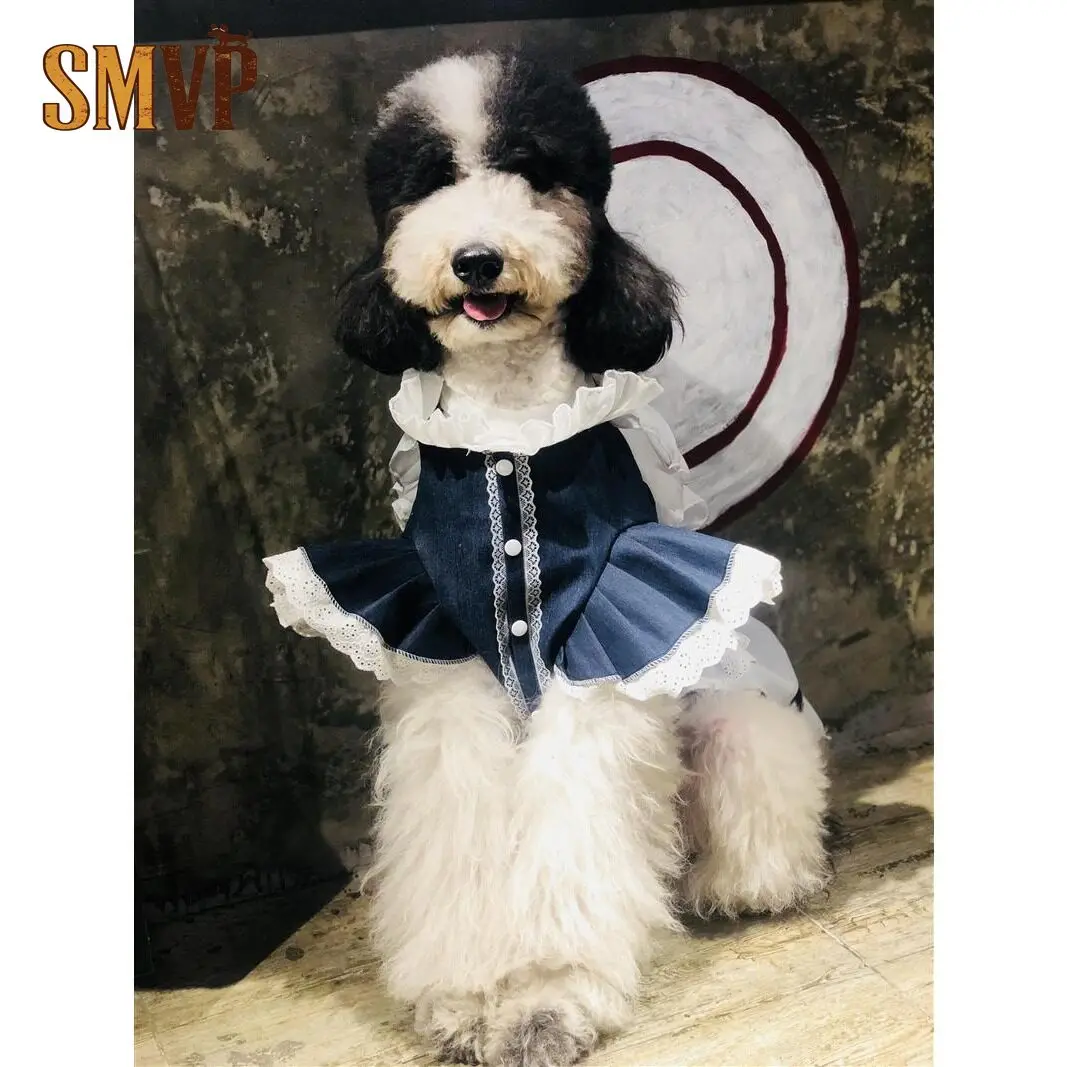 

Summer Thin Soft Breathable Denim with Lace Small Flying Sleeves Ruffle Edge Elegant Dress Suitable for Medium and Large Dogs