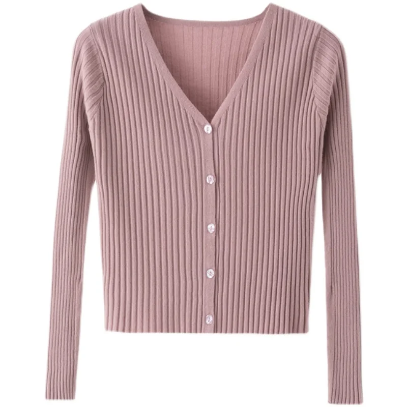 Spring Autumn V-neck Knitted Cardigan Sweater Women Long Sleeve High Waist Short Top Solid Slim Single Breasted Bottoming Shirt