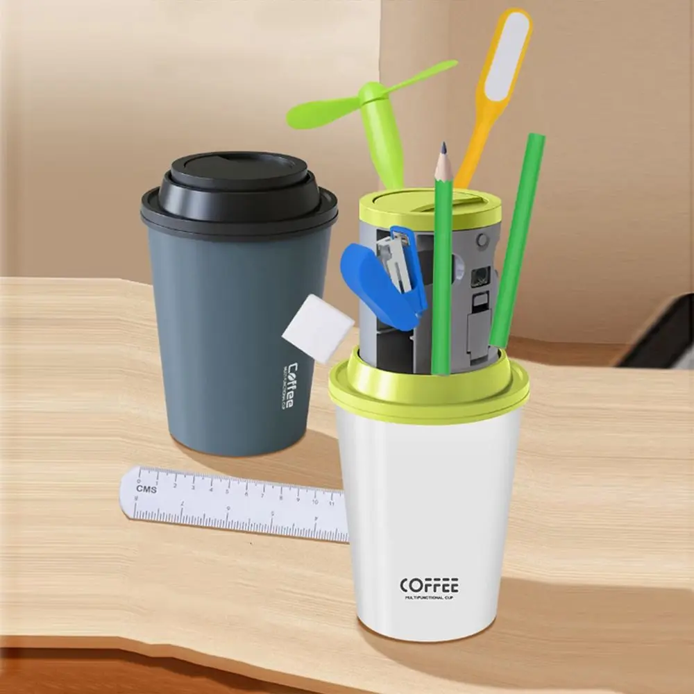 7 in 1 Children's Stationery Set Portable Coffee Cup Shape Learning Storage Cup Stapler Eraser
