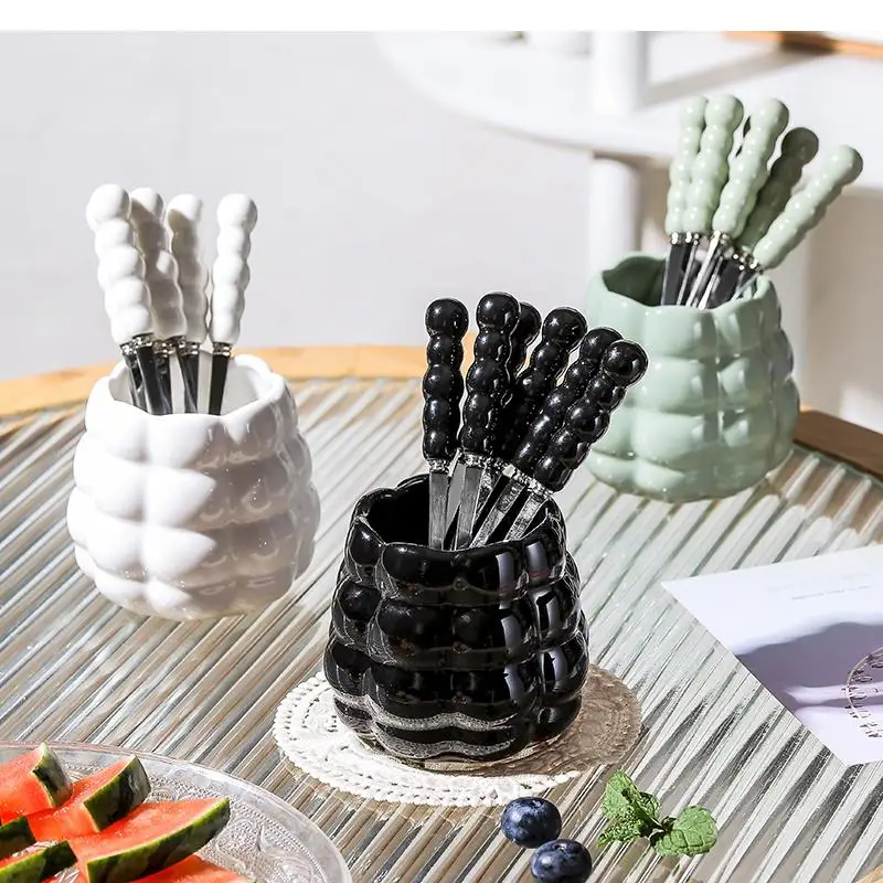 Ceramic Corn Storage Rack Home Stainless Steel Fruit Sign-off Snack Fork Dessert Cake Inserted Luxury Cans High Sense Set