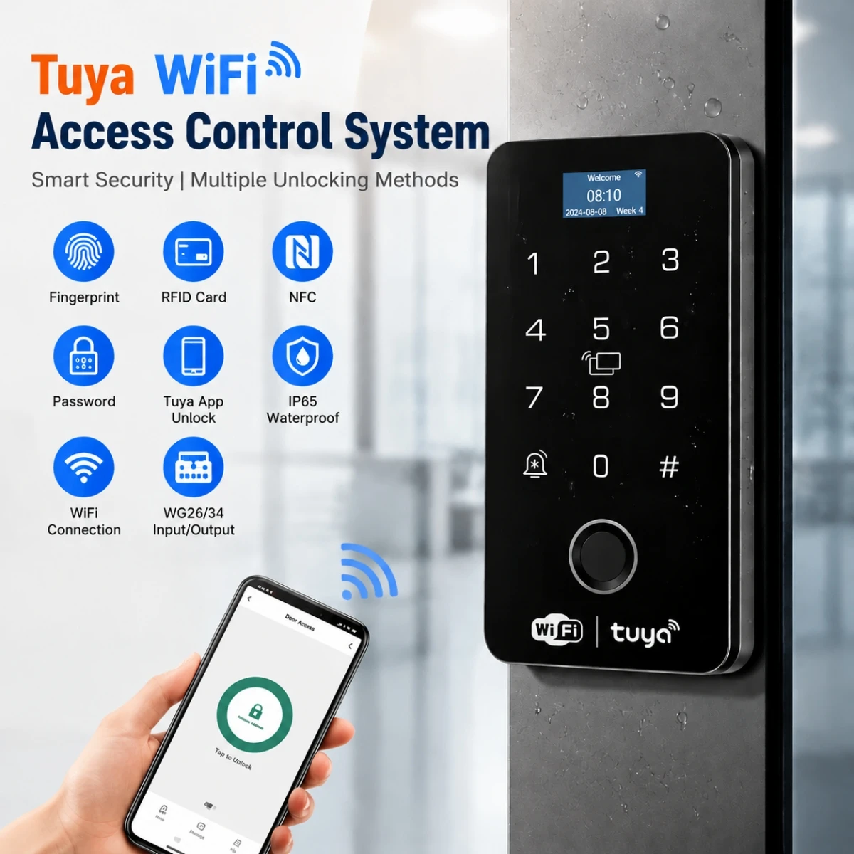 Tuya WiFi Fingerprint Access Control System IP65 Door Entry Controller RFID Card Password NFC Smart Lock Reader WG26/34