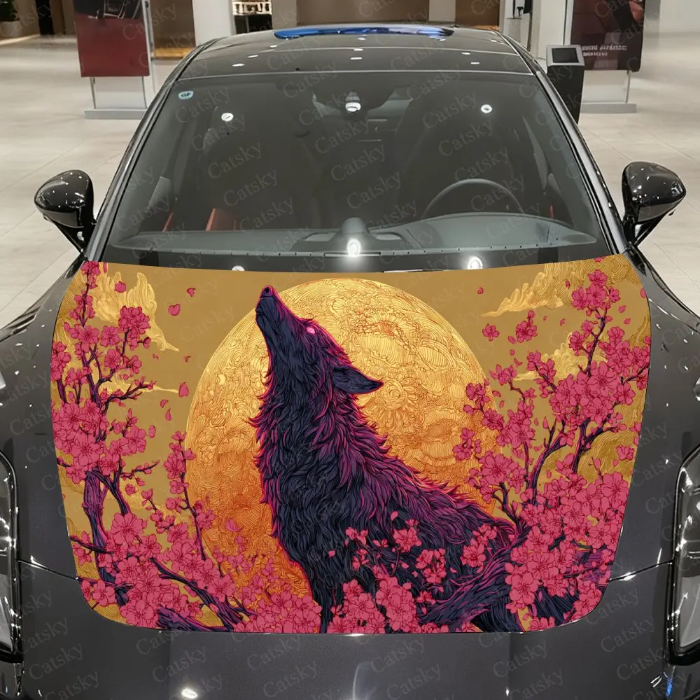 

Виниловая пленка для автомобиля Neon Line Wolf & Sakura, водонепроницаемая наклейка на капот из ПВХ, самоклеящиеся устойчивые к царапинам наклейки