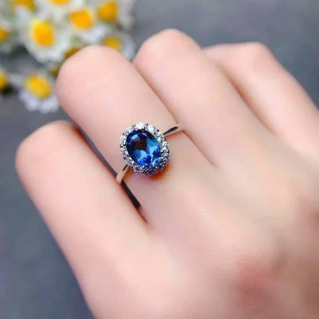 Classic 925 Silver London Blue Topaz Ring 6mm*8mm 1ct Natural Topaz Jewelry 18K Gold Plated Gemstone Jewelry