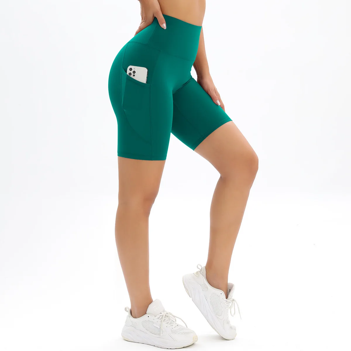 Solid Color No Front Seam High Waist Yoga Shorts Women Tummy Control Fitness Athletic Workout Running Shorts with Side Pockets