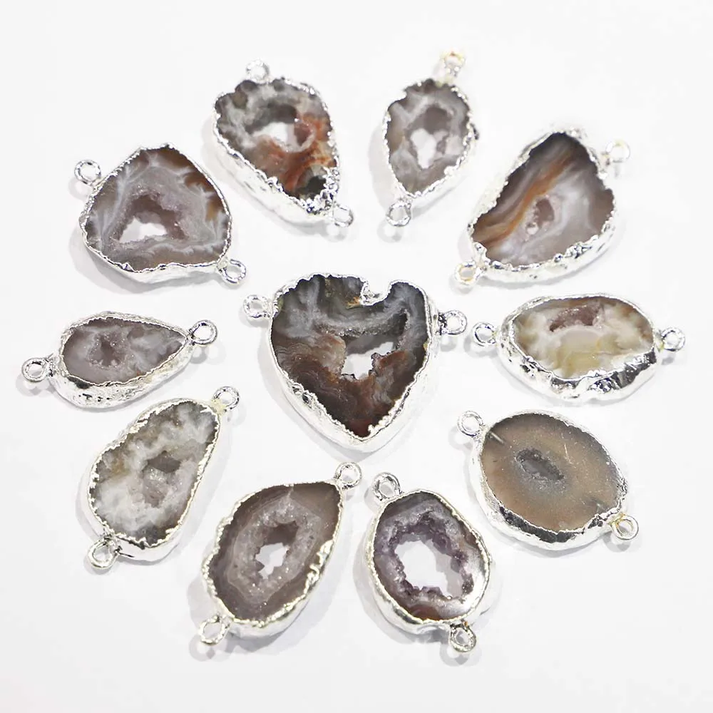 Natural Stone Grey Agate Druzy Irregular Necklace Pendants Double Buckle Fashion Quartz JewelryAccessories Making Wholesale 6Pcs