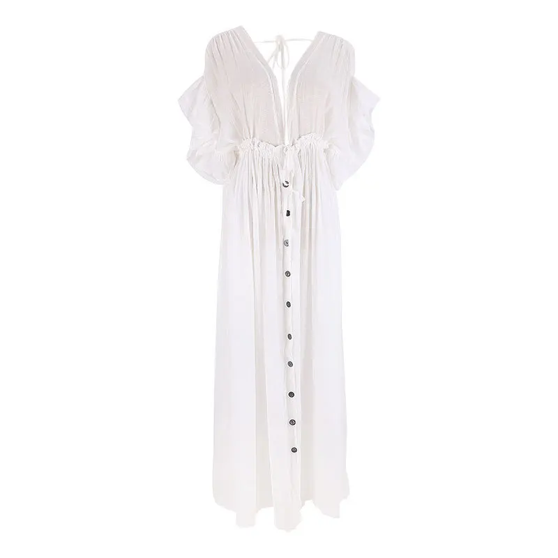 Sexy Bikini Cover-ups Deep V Neck Long White Tunic Casual Summer Beach Dress Elegant Women Clothes Beach Wear Swim Suit Cover Up