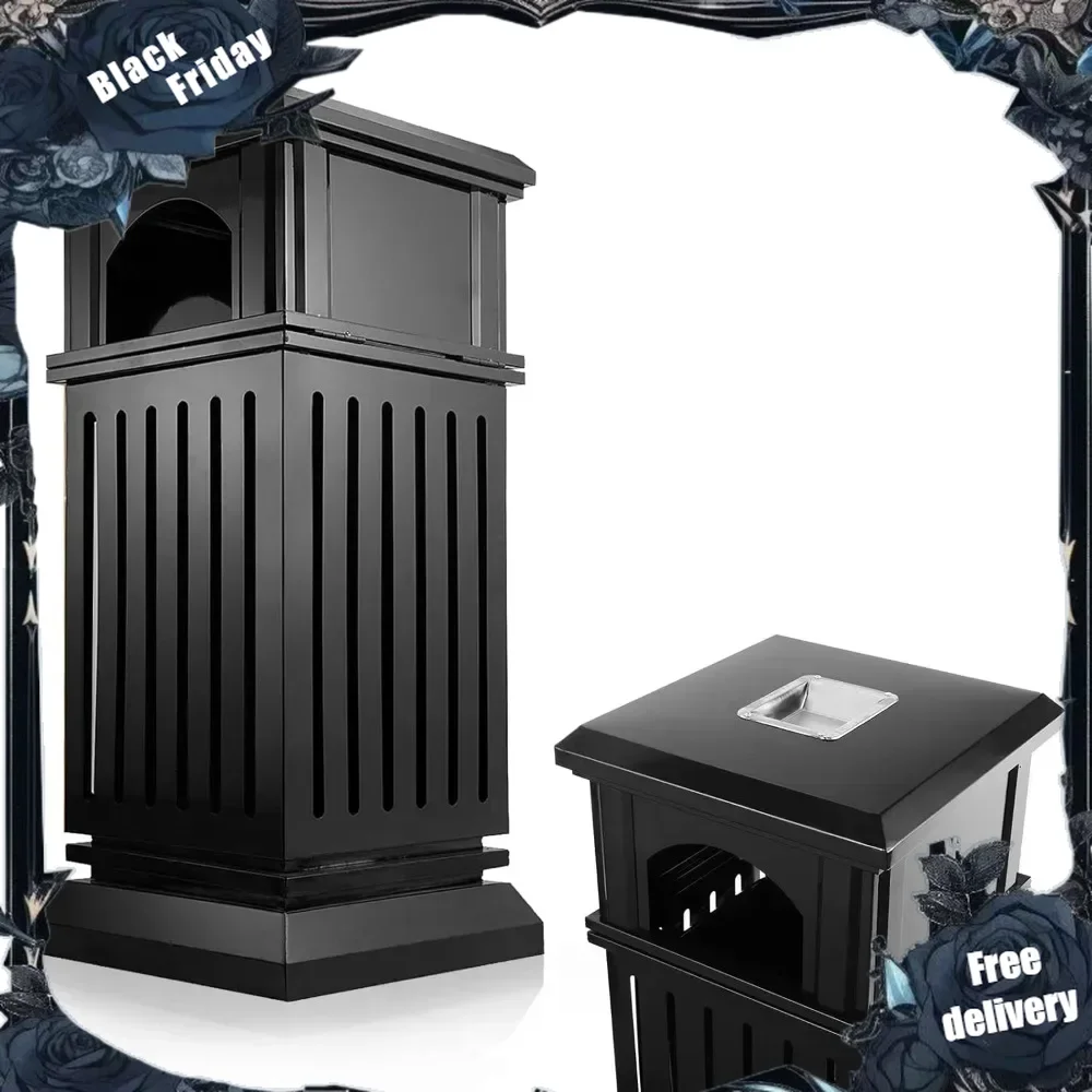 

Commercial Trash Can with Lid, Black Outdoor Garbage Can for Patio, Side Opening Steel Square Commercial Waste Bin