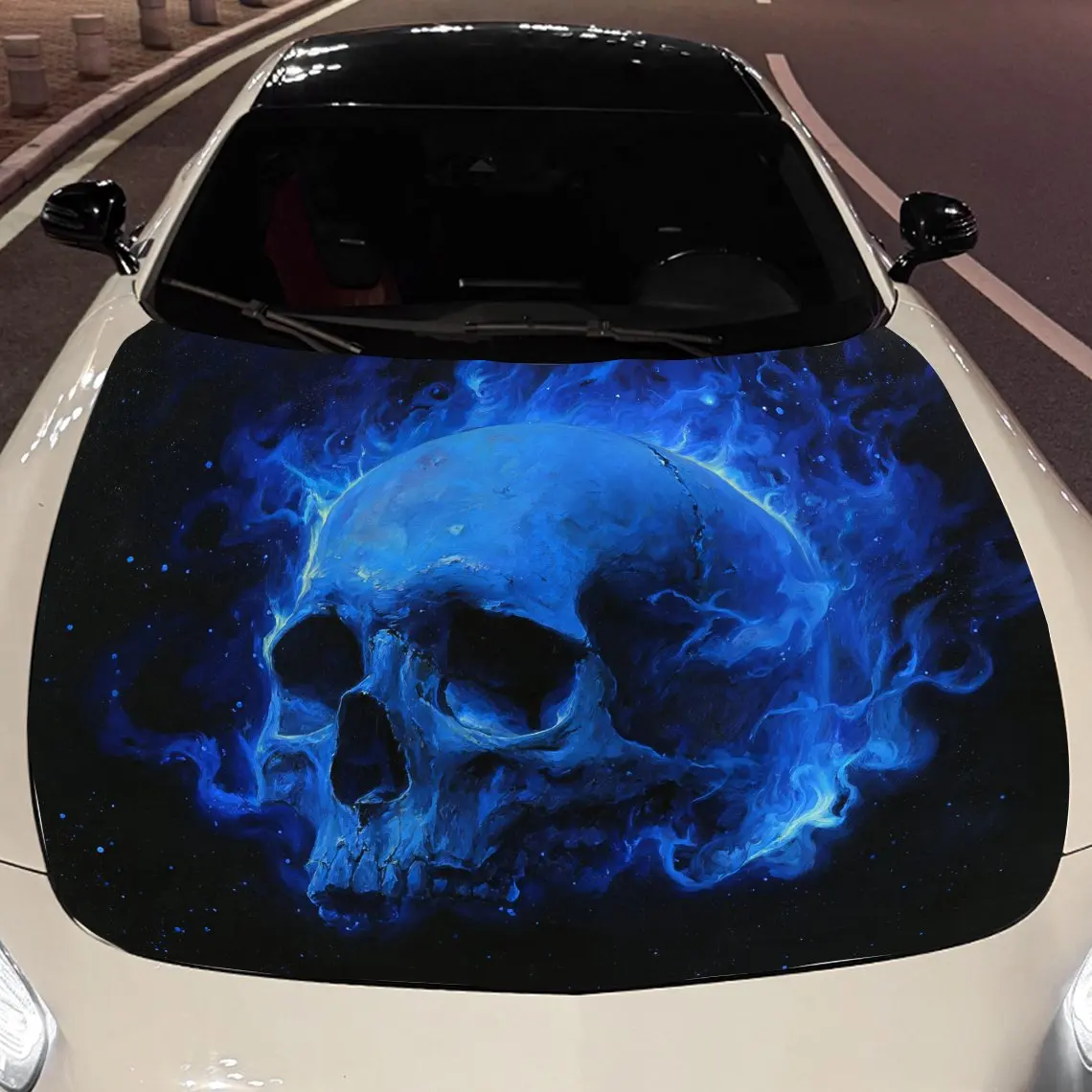 

Blue Flame Skeleton Car hood packaging sticker, PVC material, self adhesive waterproof, anti slip paint, car exterior decoration